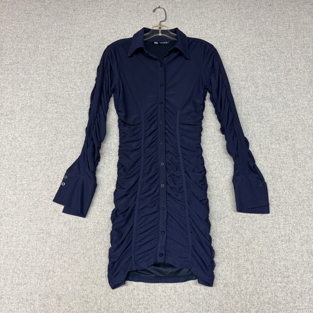 Zara Ruched Mesh Mini Shirt Dress Small Navy Blue Long Sleeve Button Down